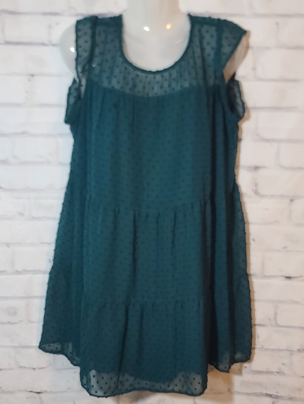 Crystal Doll Teal Swiss Dot Chiffon Shift Dress Cap Sleeve Lined Size L